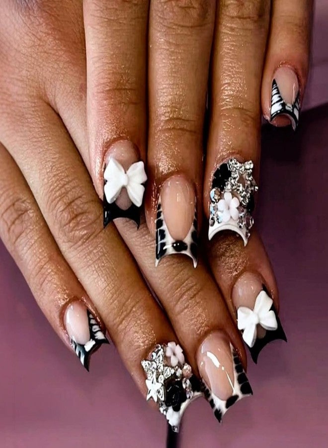 ROKHEVN Black French Tip Press on Nails Medium Square Fake Nails 3D Bow Flower Star Charm Design Stick on Nails Cute False Nails Handmade Acrylic Glue on Nail for Women Manicure 24Pcs - Image 1