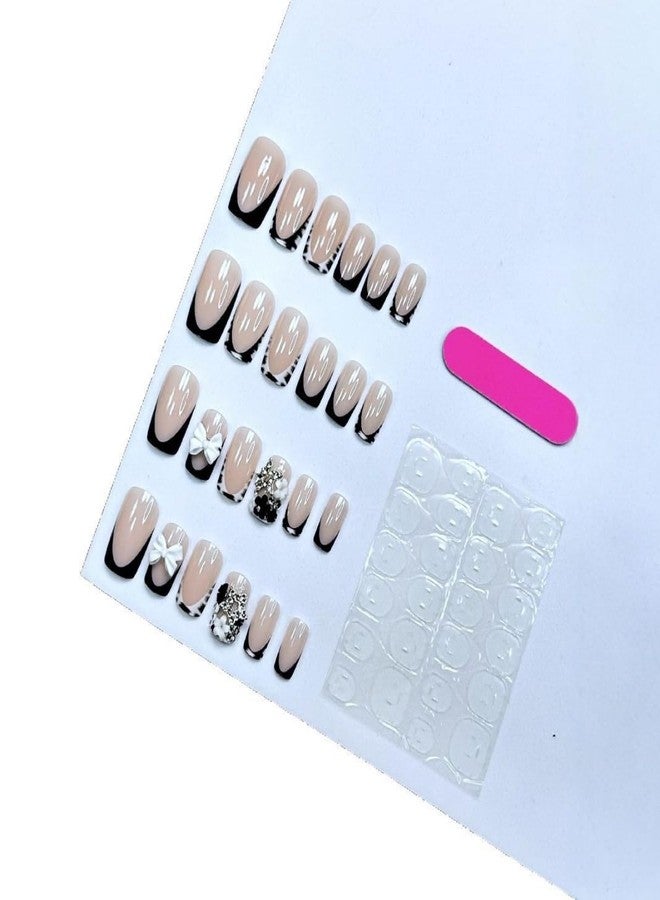 ROKHEVN Black French Tip Press on Nails Medium Square Fake Nails 3D Bow Flower Star Charm Design Stick on Nails Cute False Nails Handmade Acrylic Glue on Nail for Women Manicure 24Pcs - Image 4