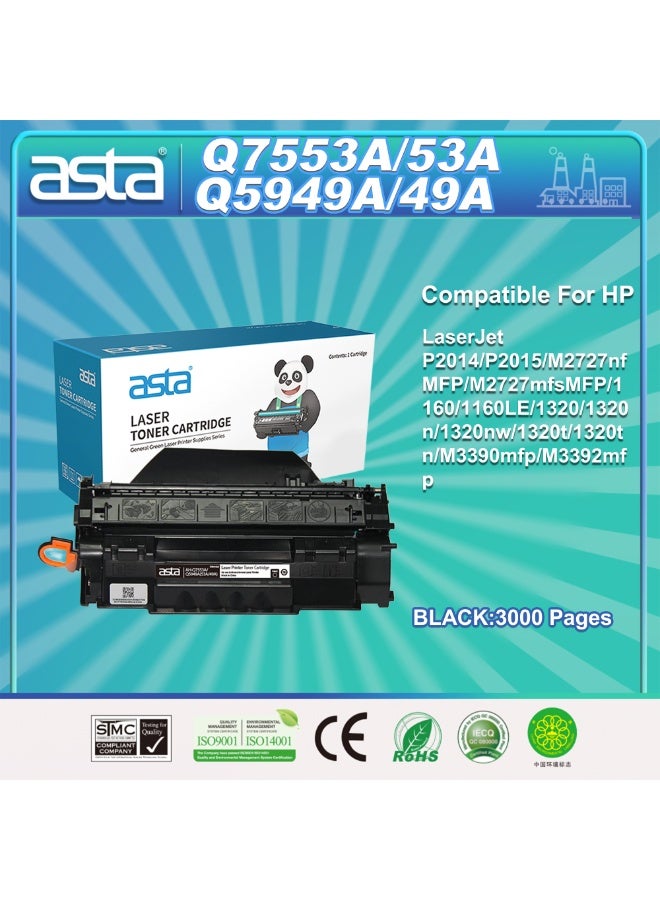 استا خرطوشة حبر أسود ASTA Q7553A Q5949A 53A 49A متوافقة عالميًا مع طابعة HP LaserJet P2014 P2015 M2727nfMFP M2727mfsMFP 1160 1160LE 1320 1320n 1320nw 1320t 1320tn M3390mfp M3392mfp طابعة بديلة للمكتب، طباعة سريعة وسلسة - Image 1