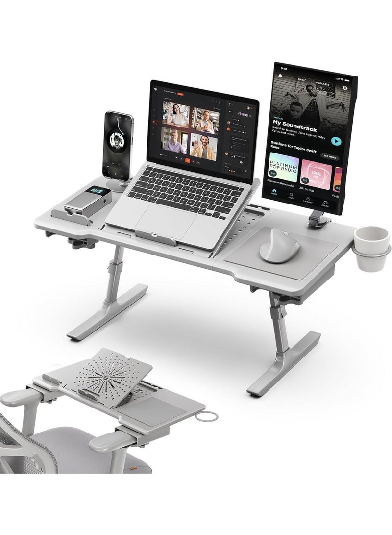 DROGO 2 in 1 SitNWork Multipurpose Foldable Laptop Table Tray Stand for Office Chair with Cup Holder, Angle & Height Adjustable | Portable Laptop Bed Tray Desk Stand with Mousepad & Bookstand Grey - Image 1