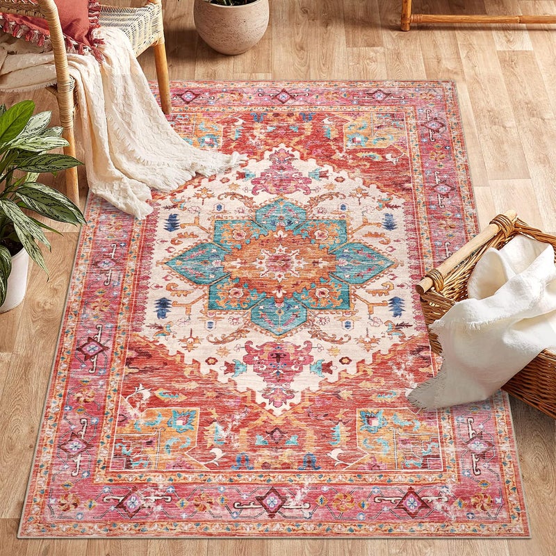 Yamaziot Washable Area Rug for Bedroom 3x5 NonSlip Boho Vintage Living Room Rug with Rubber Backing Low Pile Faux Wool Soft Distressed Rug Floor Carpet for Living Room Laundry Kid Playroom