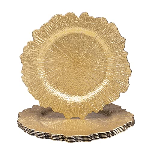 MAONAME 13" Gold Charger Plates, Round Reef Chargers for Dinner Plates, Plastic Plate Chargers for Table Setting, Wedding Decor, Set of 6 - Image 1