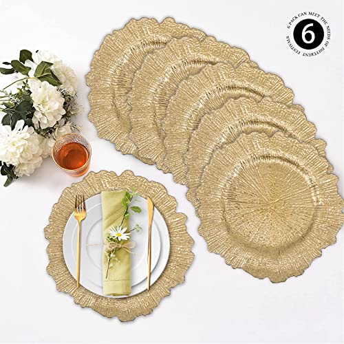 MAONAME 13" Gold Charger Plates, Round Reef Chargers for Dinner Plates, Plastic Plate Chargers for Table Setting, Wedding Decor, Set of 6 - Image 4