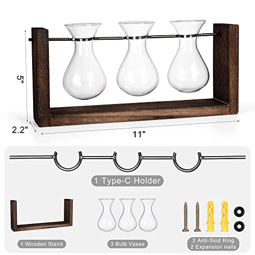 YIBOT Wall Hanging Planter Propagation Station Glass Flower Vase for Hydroponics Plants, Plant Terrarium with Wooden Stand, Bathroom, Home Office Living Room Decor Gift - Image 3