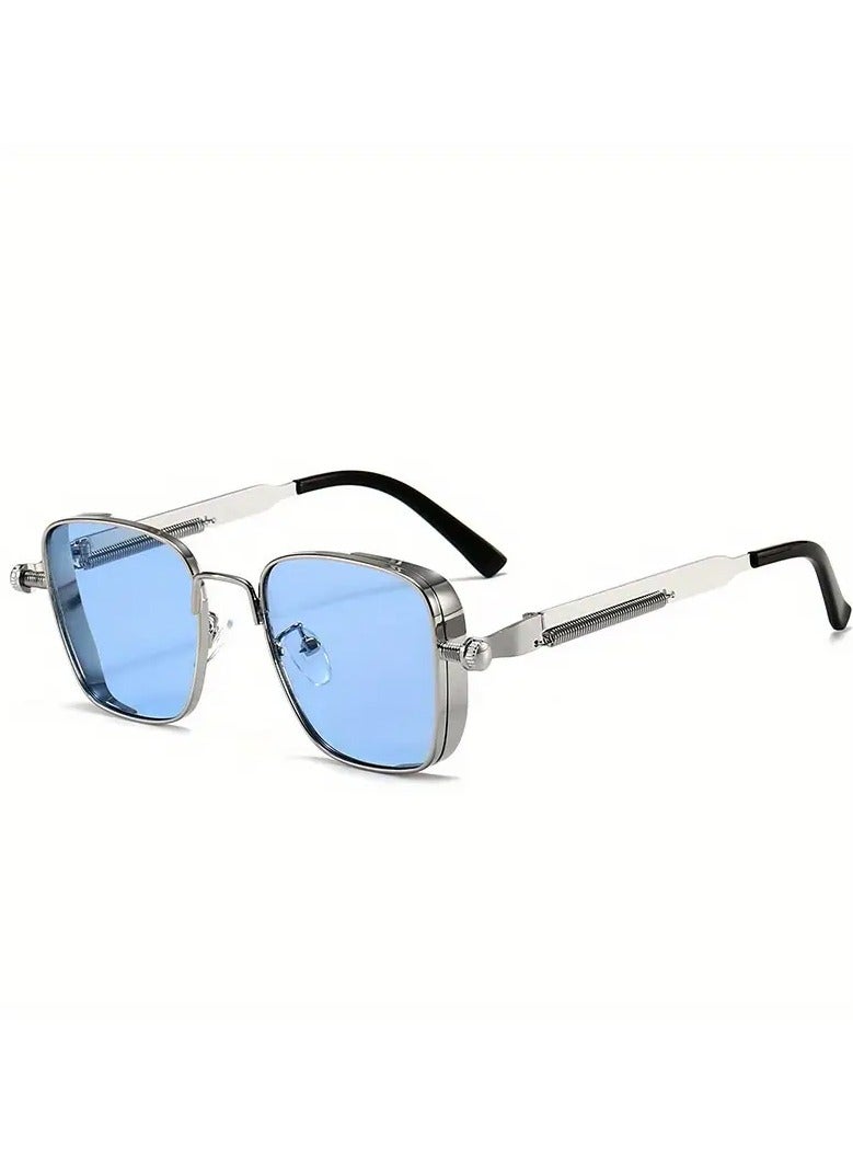 Retro Cool Steampunk Glasses (BLUE) Silvery Square Metal Frame Fashion Glasses For Men Women Outdoor Sports - Image 1
