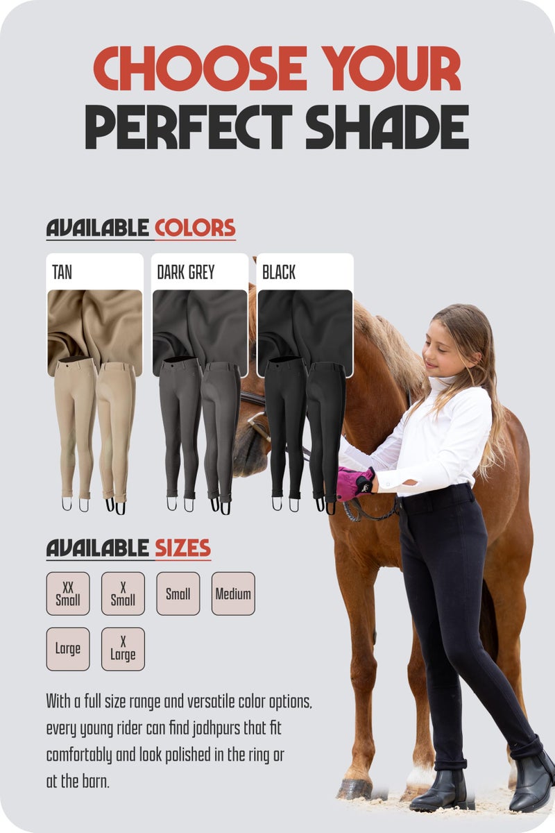 HORZE Nora Girls Riding Pants with Leather Knee Patch | Kids Equestrian Girls Jodhpurs Breeches | Size Chart in Images - Black - M - Image 2