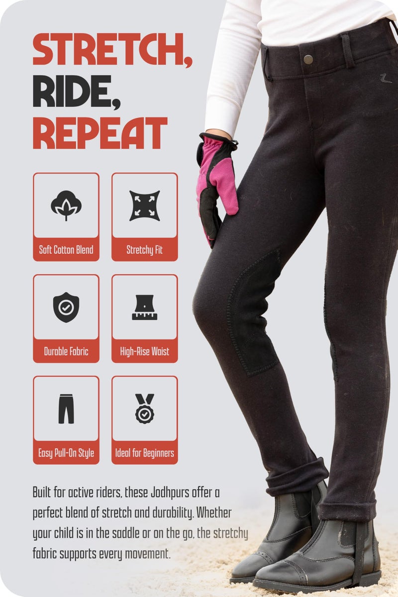 HORZE Nora Girls Riding Pants with Leather Knee Patch | Kids Equestrian Girls Jodhpurs Breeches | Size Chart in Images - Black - M - Image 4