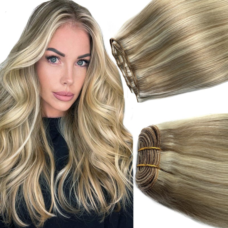 Sew In Real Human Hair Extensions 12 Inch 80G Balayage Ash Blonde to Blonde Highlights Hand Tied Weft Extensions