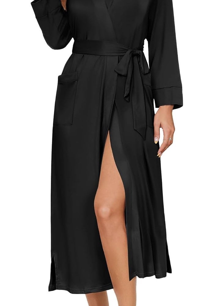 KASTWAVE Women's Long Knit Kimono Robe - Lightweight Soft Bathrobe with Pockets - Image 1