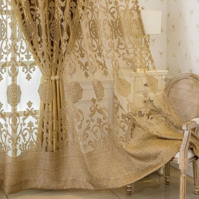 Amidoudou 1 Pair Luxury Double Layered European High-Blackout Curtains Embroidered Curtains for Living Room Bedroom Balcony (Gold,72x90 Inch) - Image 3