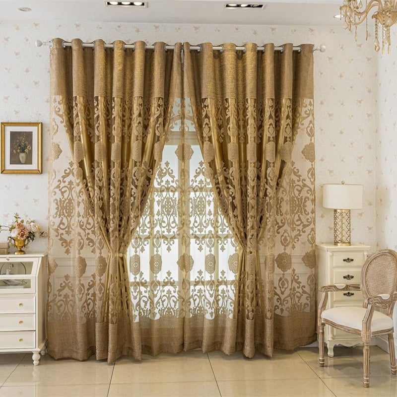 Amidoudou 1 Pair Luxury Double Layered European High-Blackout Curtains Embroidered Curtains for Living Room Bedroom Balcony (Gold,72x90 Inch) - Image 1
