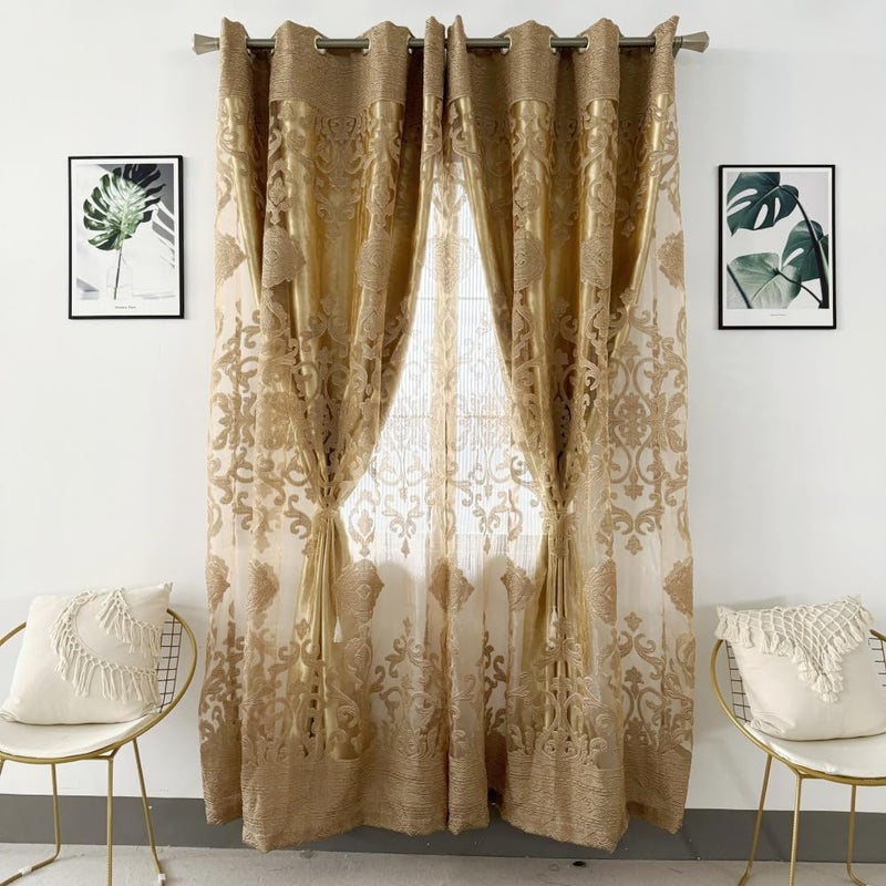 Amidoudou 1 Pair Luxury Double Layered European High-Blackout Curtains Embroidered Curtains for Living Room Bedroom Balcony (Gold,72x90 Inch) - Image 5