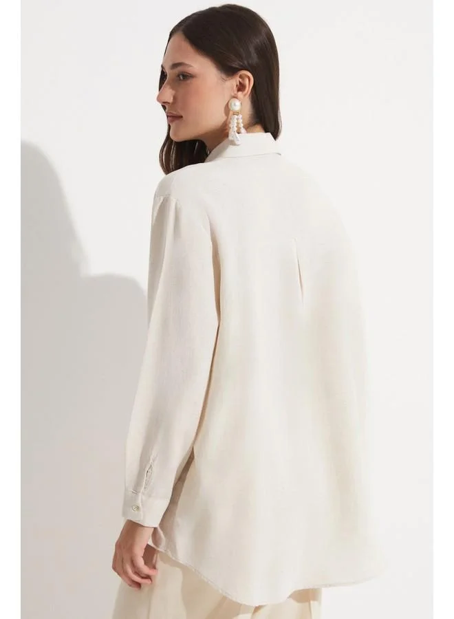 JUNE June Women Exclusive Oversize/Loose Fit Linen Blend Embroidered Detail Shirt Stone