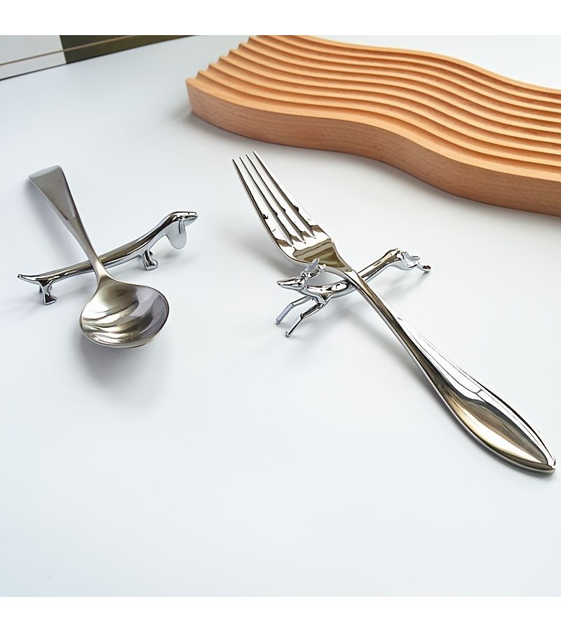 Silvery Stainless Steel Dachshund Utensil Holder Set 4pcs Kitchen Chopstick Rest Fork and Spoon Accessories - Image 4