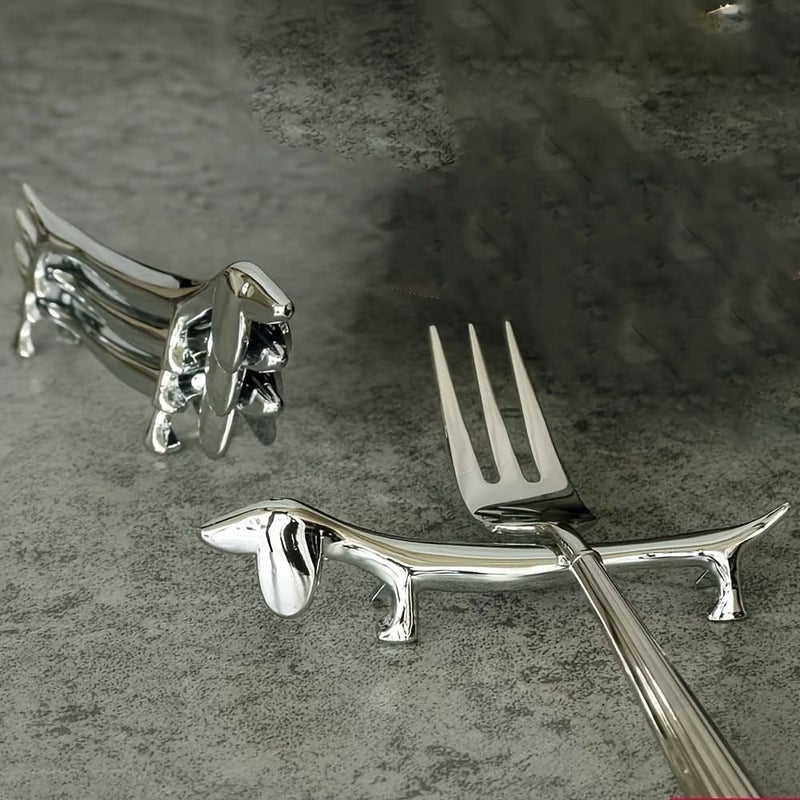 Silvery Stainless Steel Dachshund Utensil Holder Set 4pcs Kitchen Chopstick Rest Fork and Spoon Accessories - Image 1