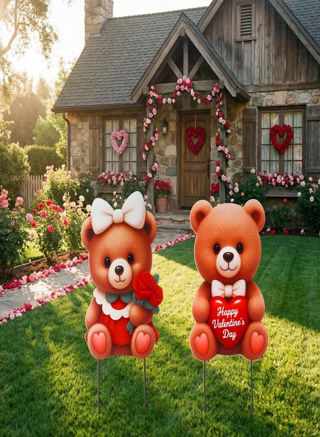 PullCrease مجموعة زينة عيد الحب الخارجية من بول كريز، قطعتان، لافتات ثلاثية الأبعاد على شكل زوجين من الدببة، أعمدة زينة للحديقة، زينة على شكل قلوب دببة وورود للعشب، ديكور للحديقة في فصل الربيع، ممر الحديقة - Image 5