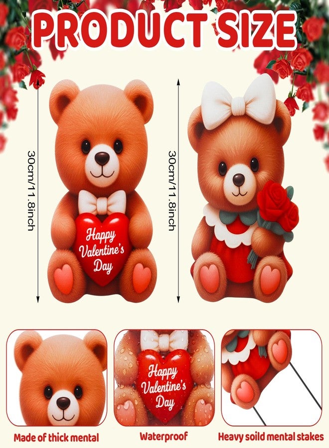 PullCrease مجموعة زينة عيد الحب الخارجية من بول كريز، قطعتان، لافتات ثلاثية الأبعاد على شكل زوجين من الدببة، أعمدة زينة للحديقة، زينة على شكل قلوب دببة وورود للعشب، ديكور للحديقة في فصل الربيع، ممر الحديقة - Image 2
