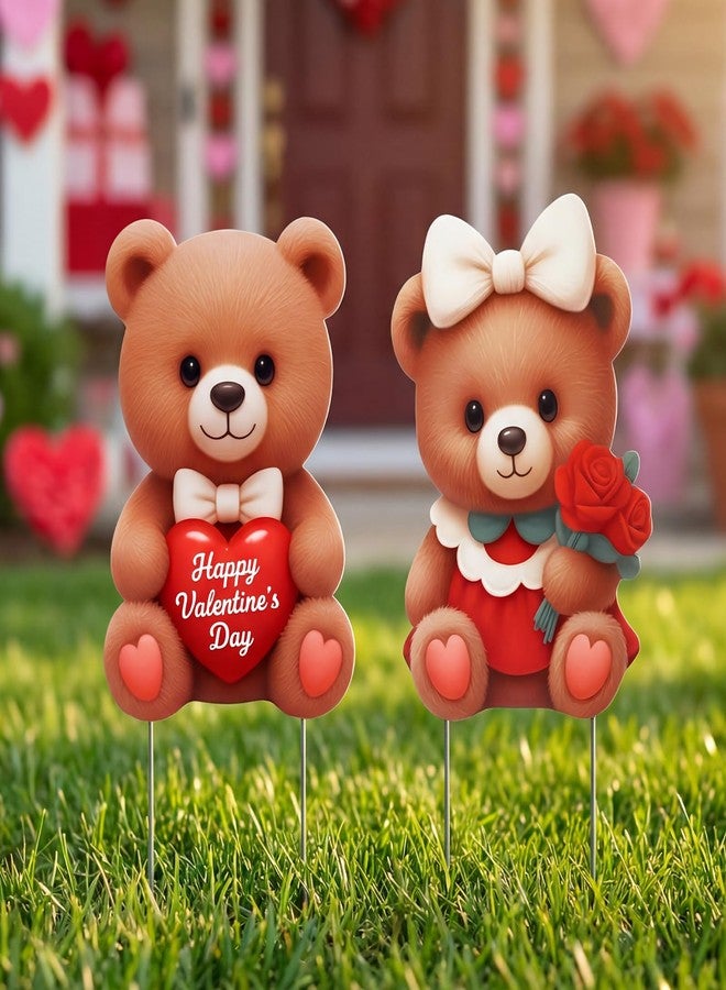 PullCrease مجموعة زينة عيد الحب الخارجية من بول كريز، قطعتان، لافتات ثلاثية الأبعاد على شكل زوجين من الدببة، أعمدة زينة للحديقة، زينة على شكل قلوب دببة وورود للعشب، ديكور للحديقة في فصل الربيع، ممر الحديقة - Image 1