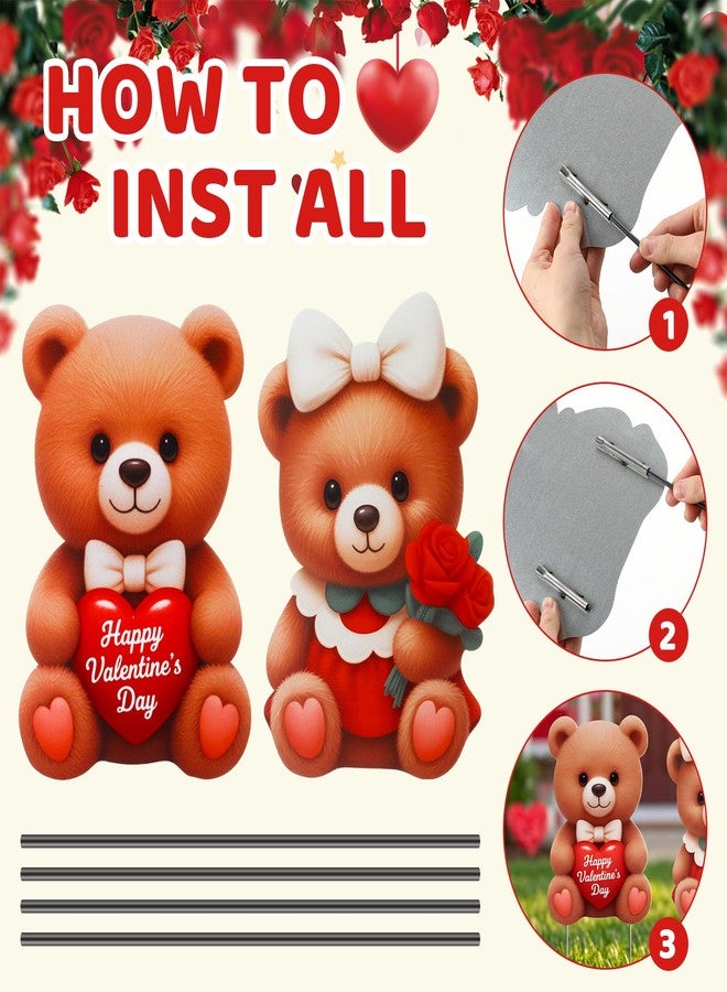 PullCrease مجموعة زينة عيد الحب الخارجية من بول كريز، قطعتان، لافتات ثلاثية الأبعاد على شكل زوجين من الدببة، أعمدة زينة للحديقة، زينة على شكل قلوب دببة وورود للعشب، ديكور للحديقة في فصل الربيع، ممر الحديقة - Image 4