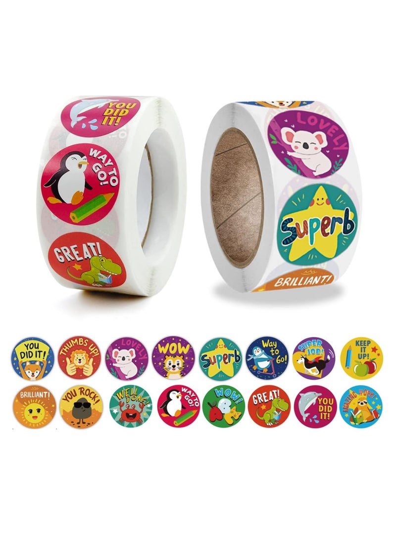 ECVV 1000Pcs Reward Stickers for Teachers Incentive Stickers Supplies for Classroom Motivational Stickers Classwork Award Stickers Kids School Training Encouraging Round Cute Cartoon Design-2 Roll - Image 1