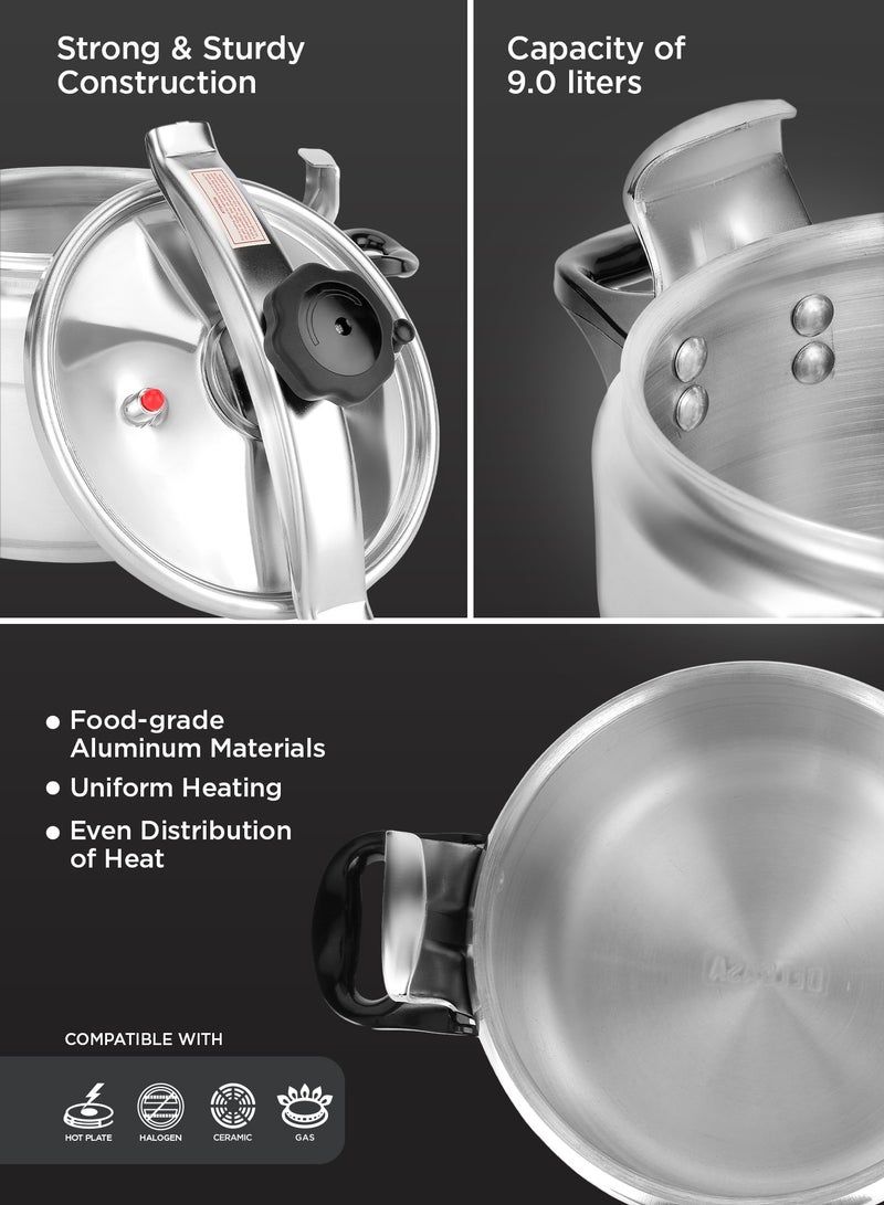 ديلكاسا قدر ضغط ألومنيوم سعة 9 لتر مزود بجهاز أمان متعدد ومؤشر ضغط فريد، هيكل متين من سبائك الألومنيوم مع مقابض قوية فضي - Image 3
