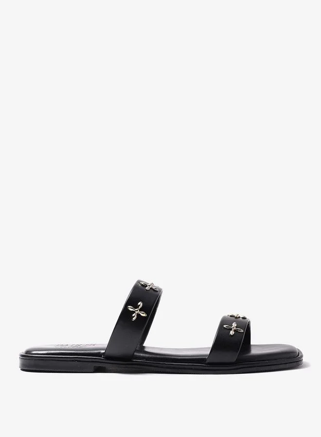 Pair-Ie Tales Black Double Strap Sandals with Metal Adornment