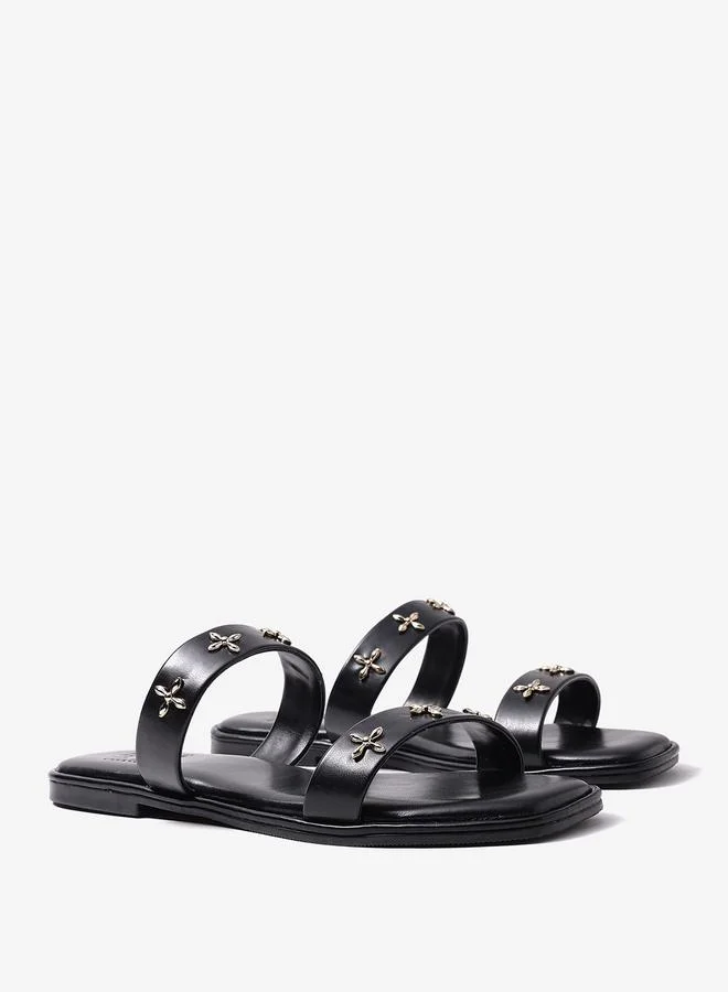Pair-Ie Tales Black Double Strap Sandals with Metal Adornment