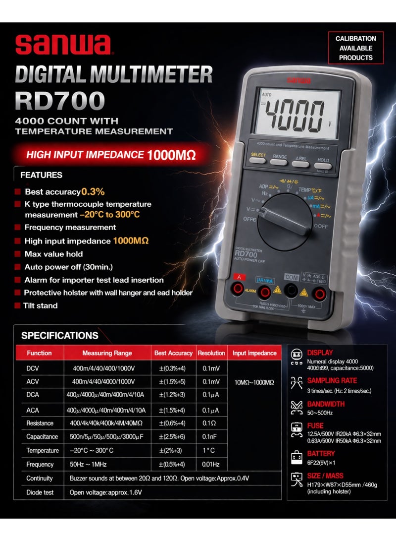 SANWA RD700 Digital Multimeter 4000 Counts AC/DC Voltage 1000V Current 10A Frequency 1MHz Resistance 40MΩ Temperature Meter Made in Japan - Image 2