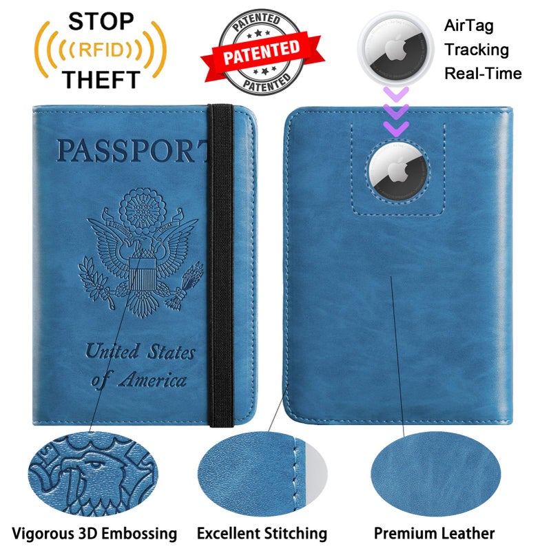 PASCACOO Airtag Passport Holder Cover Wallet Travel Essentials RFID Blocking Leather Card Case International Must Haves Travel Accessories for Women Men(119#Blue) - Image 2