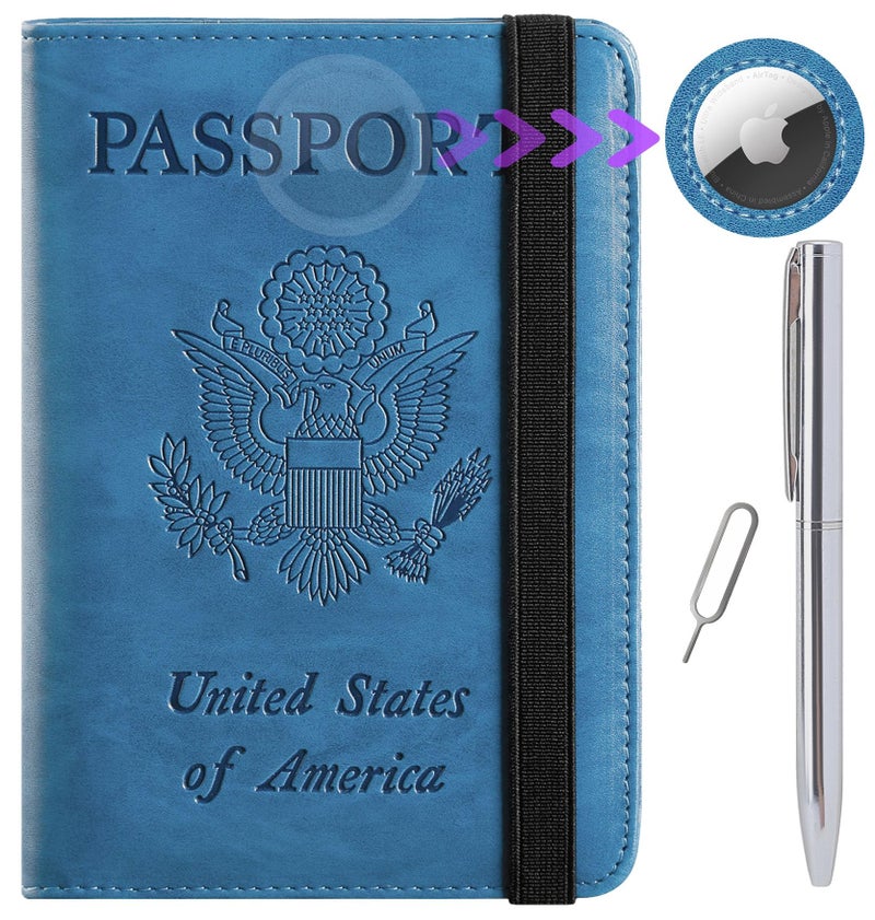 PASCACOO Airtag Passport Holder Cover Wallet Travel Essentials RFID Blocking Leather Card Case International Must Haves Travel Accessories for Women Men(119#Blue) - Image 1