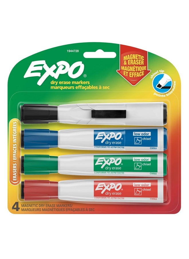 Expo Expo Magnetic Dry Erase Markers with Eraser, Chisel Tip, Assorted, 4 Count  - Image 1