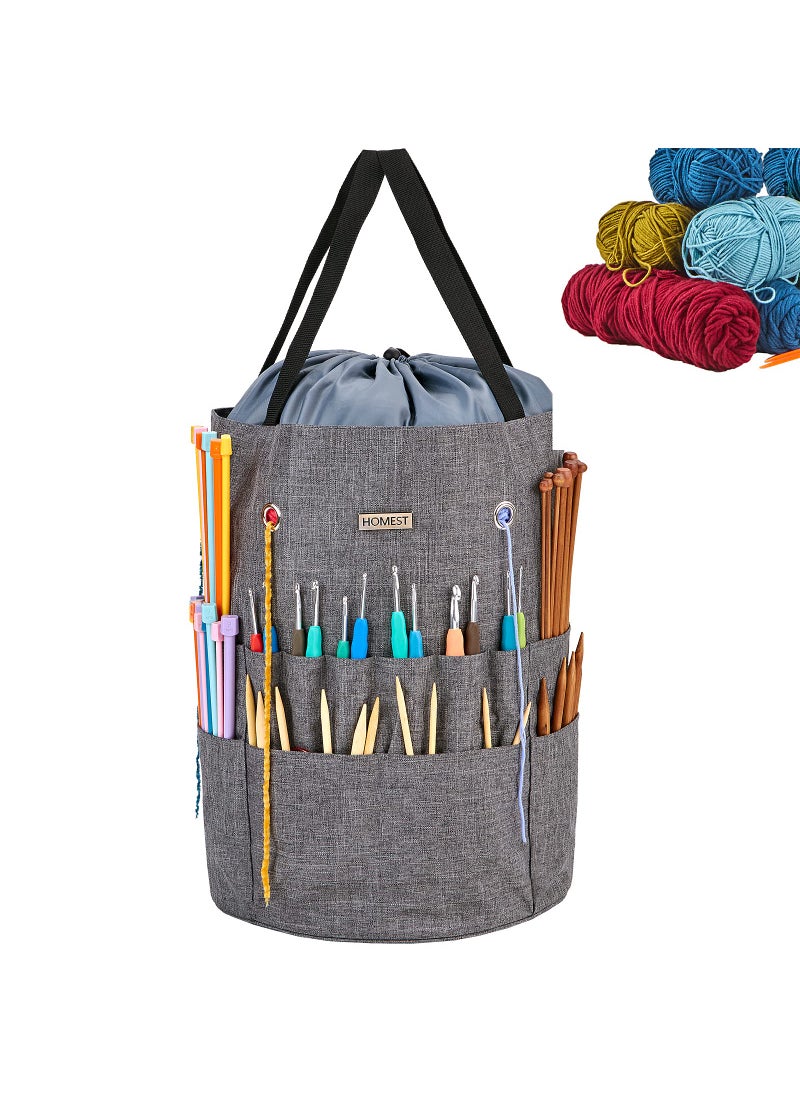 HOMEST HOMEST Large Crochet Bag with Customized Front Compartment for Knitting Accessories Yarn Storage with 6 Oversized Grommets Tote Organizer with Drawstring Closure Gray 