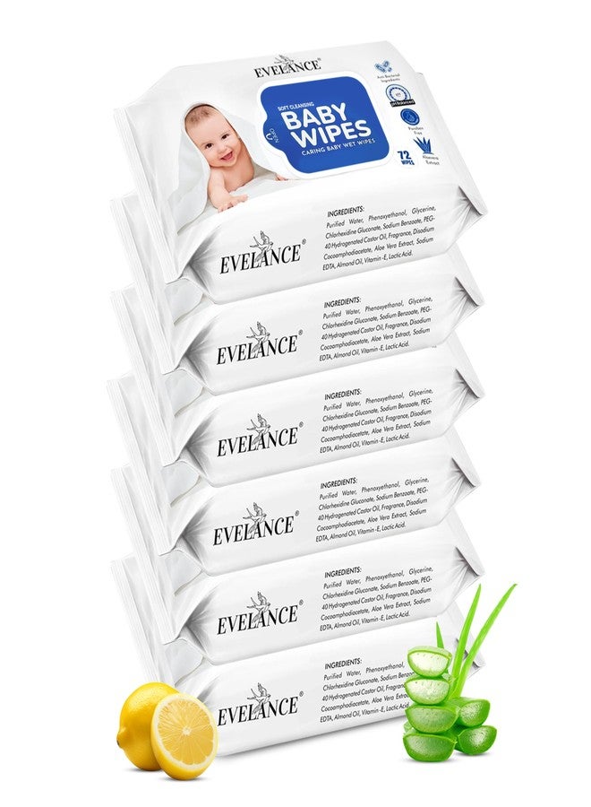 EVELANCE Soft Cleansing Baby Wet Wipes (Pack of 6) 72 Wipes Each, Daily Use Wipe Enriched with Glycerine, Aloe Vera, Lemon, 98% Water, For New Born Babies and Kids - Image 1