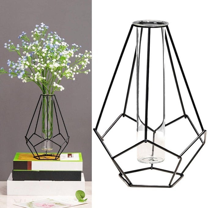 METAL STAND CLEAR FLOWER VASE GLASS VASES SET, NORDIC STYLE GEOMETRIC GLASS IRON ART PLANT CONTAINERS FOR OFFICE HOME (GEOMETRIC, BLACK)