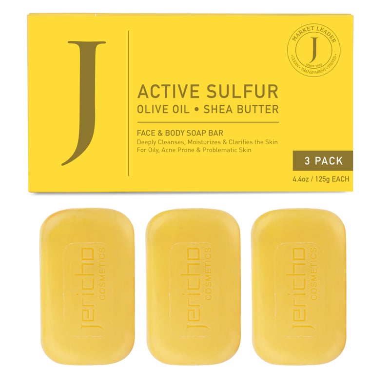 Jericho Dead Sea Sulfur Soap with Olive Oil â€“ Helps with Acne, Psoriasis, Eczema & Blackheads â€“ For Oily to Normal Skin â€“ Vegan Face & Body Bar for Men & Women, 4.4 Oz / 125 g (Pack of 3) - Image 1