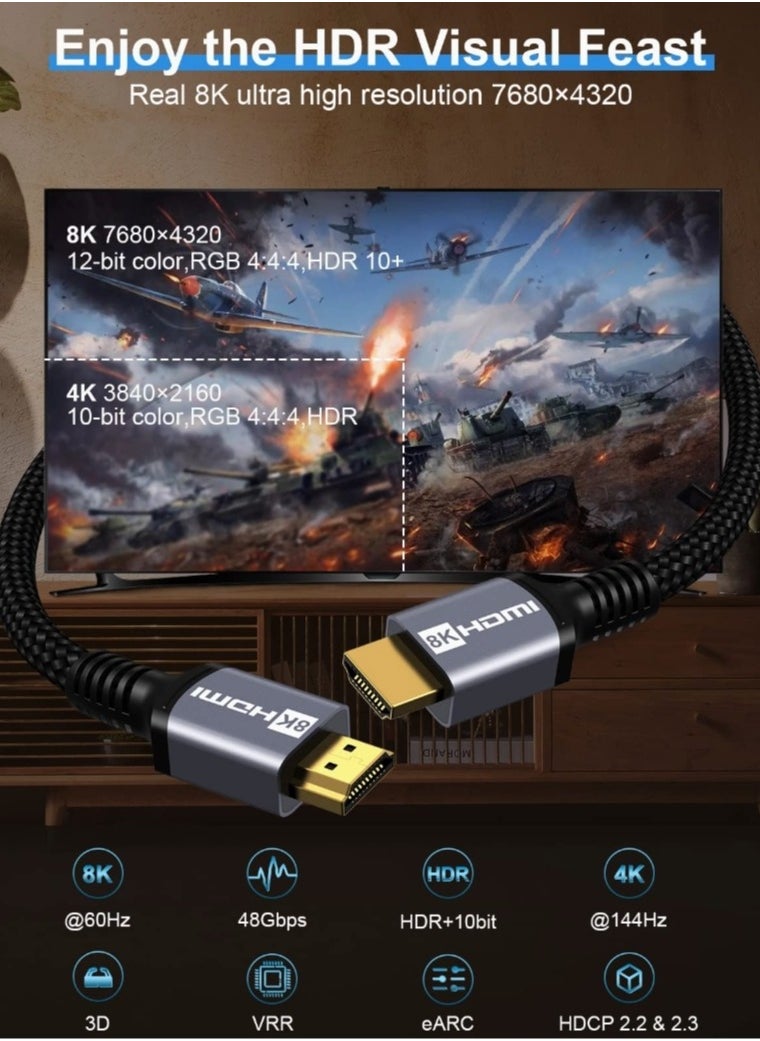 اتش دي ام اي كيبل HDMI 2.1 مضفر فائق السرعة 2 متر/6.6 قدم، كيبل HDMI 48Gbps (8K@60Hz 7680x4320، 4K@120Hz) يدعم HDR الديناميكي 10 eARC ودولبي اتموس متوافق مع تلفزيون روكو وبلاي ستيشن 5 وتلفزيون HDTV  - Image 2