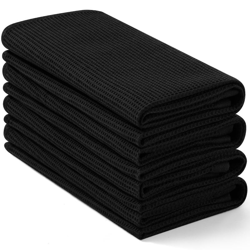Homaxy 100% Cotton Waffle Weave Kitchen Towels - 4 Pack Soft and Absorbent Dish Towels - 16 x 26 Inches Quick Dry Hand Towels - Black - Image 1