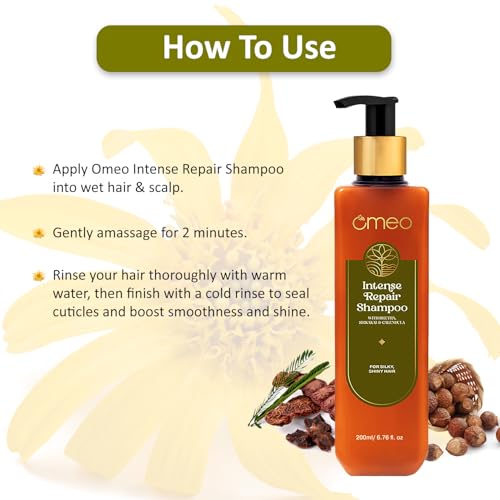 Omeo Intense Repair Shampoo with Reetha, Shikakai & Calendula 200ml | Dry, Damaged and Frizzy Hair Repair Shampoo | Deep Scalp Cleansing & Hair Strengthening | For Men & Women, No Paraben, SLS Free, Cruelty Free - Image 5