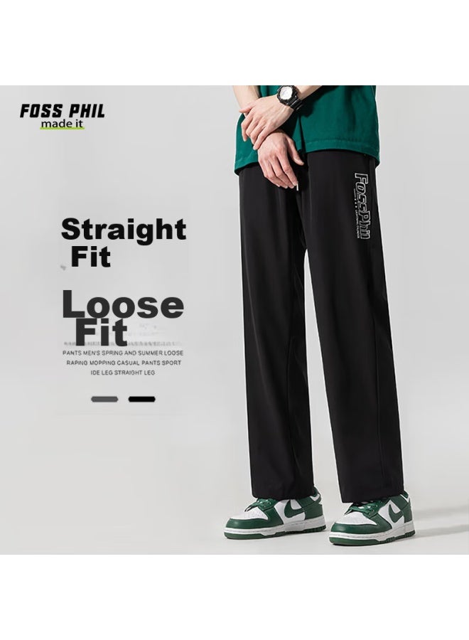 Foss Phil بنطال أمريكي طراز الشارع الرئيسي للرجال، ربيع وصيف كاجوال واسع الأرجل متدلي رياضي مستقيم الأرجل من حرير الجليد، Fpk07 أسود 3XL - Image 1