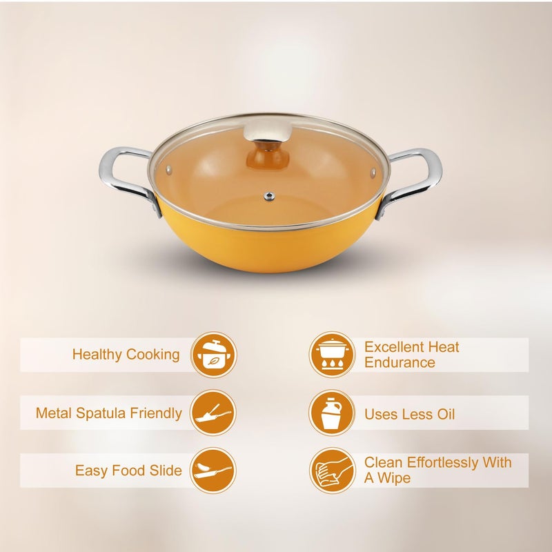 SALFORD SALFORD Forged Ceramic Non-Stick Kadai with Glass LID & Tubular SS Handle, Induction Base & Gas Ready I 2 Year Warranty I Mustard Yellow 260mm I 3.25 Litre Kadai - Image 2