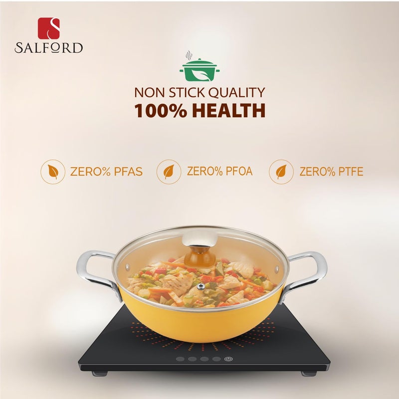 SALFORD SALFORD Forged Ceramic Non-Stick Kadai with Glass LID & Tubular SS Handle, Induction Base & Gas Ready I 2 Year Warranty I Mustard Yellow 260mm I 3.25 Litre Kadai - Image 3