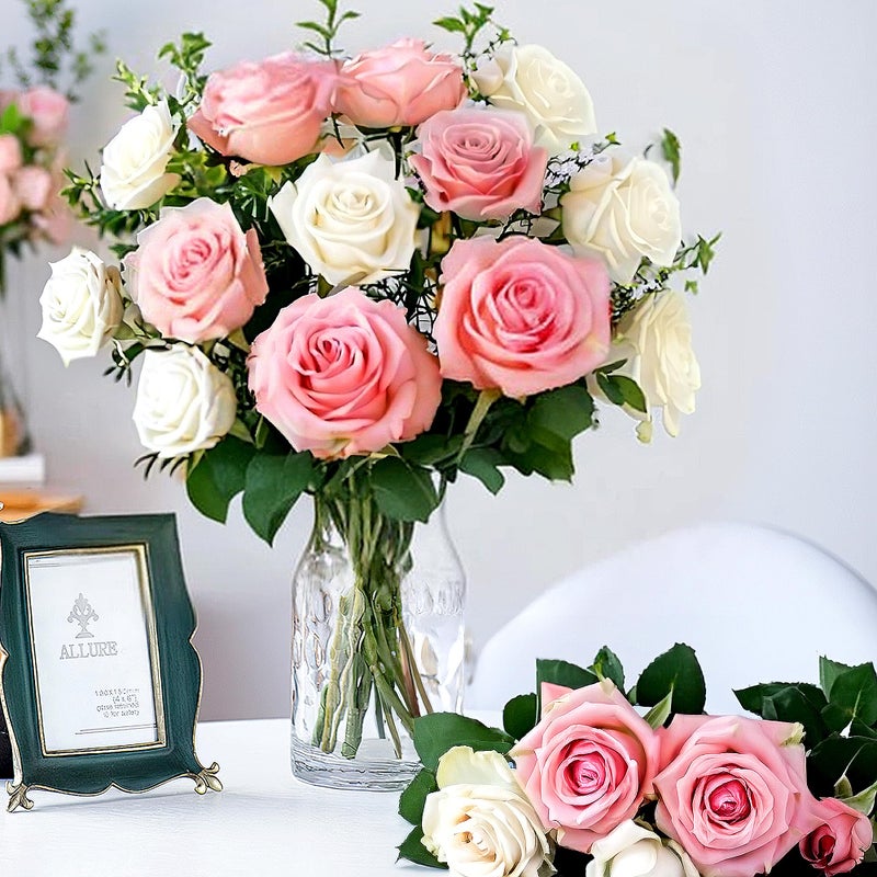 Pyopbow 20PCS Artificial Roses with Long Stems - Realistic Silk Flowers, Fake Roses Real Touch Bouquet of Roses for Home Decor, Bridal Wedding Party Table Centerpieces, Bulk Faux Rose Flowers (White Pink) - Image 1