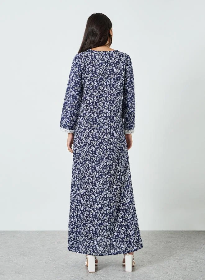 Amirah  Blue Floral Print Lace Detail A-Line Jalabiya for Women | Best Price UAE