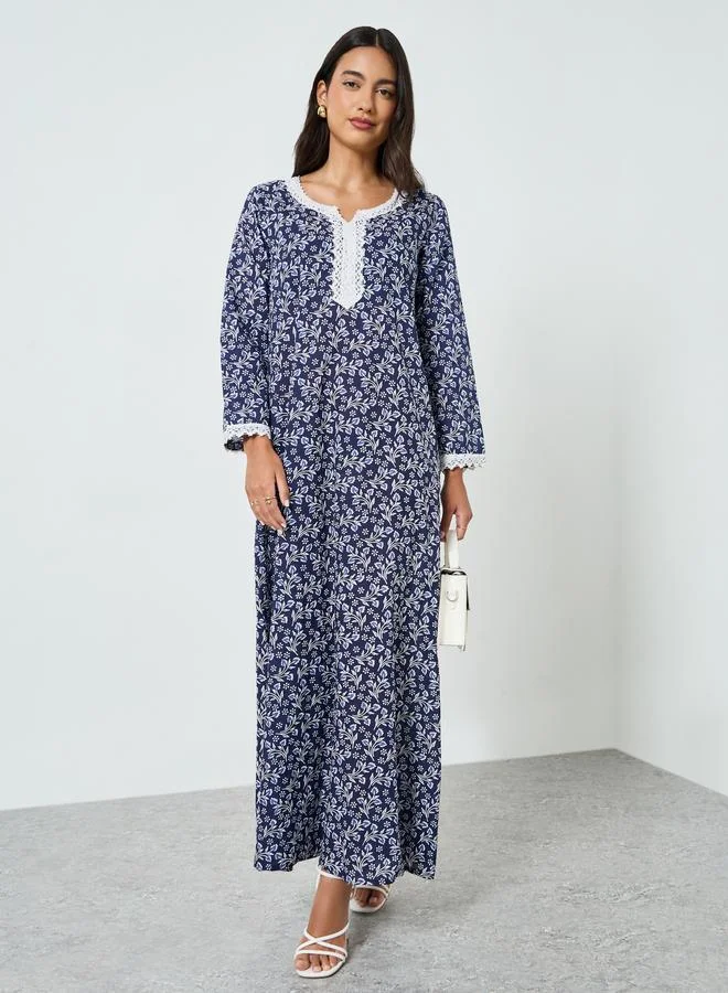 Amirah  Blue Floral Print Lace Detail A-Line Jalabiya for Women | Best Price UAE