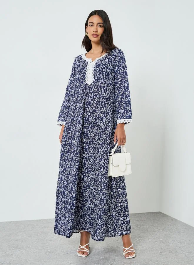 Amirah Blue Floral Print Lace Detail A-Line Jalabiya