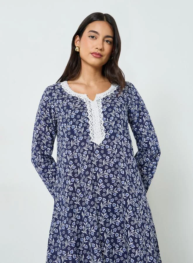 Amirah Blue Floral Print Lace Detail A-Line Jalabiya
