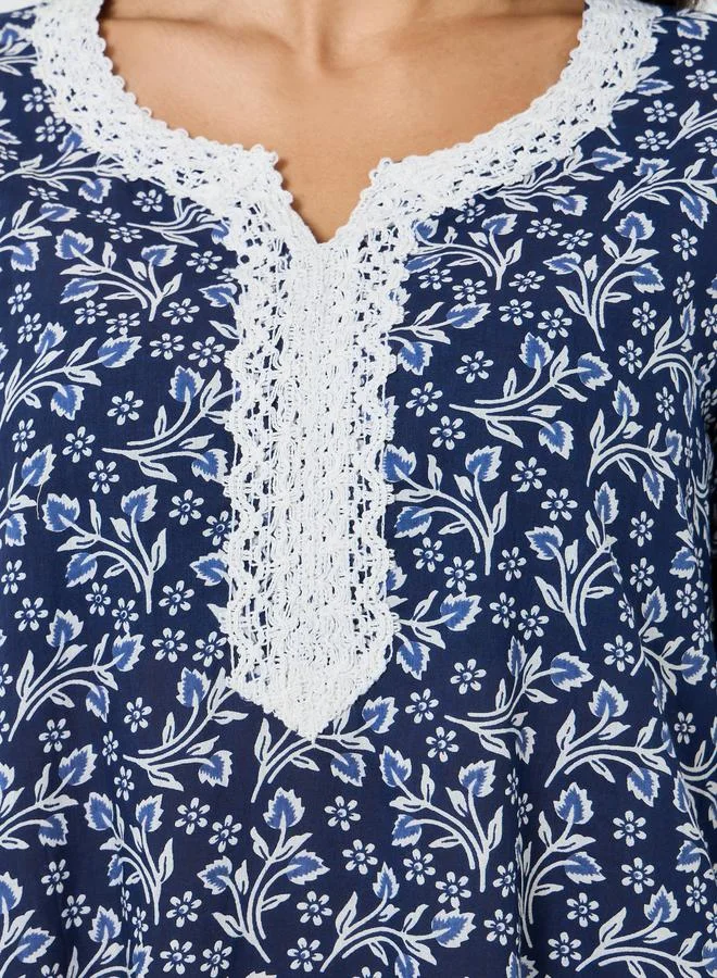 Amirah  Blue Floral Print Lace Detail A-Line Jalabiya for Women | Best Price UAE