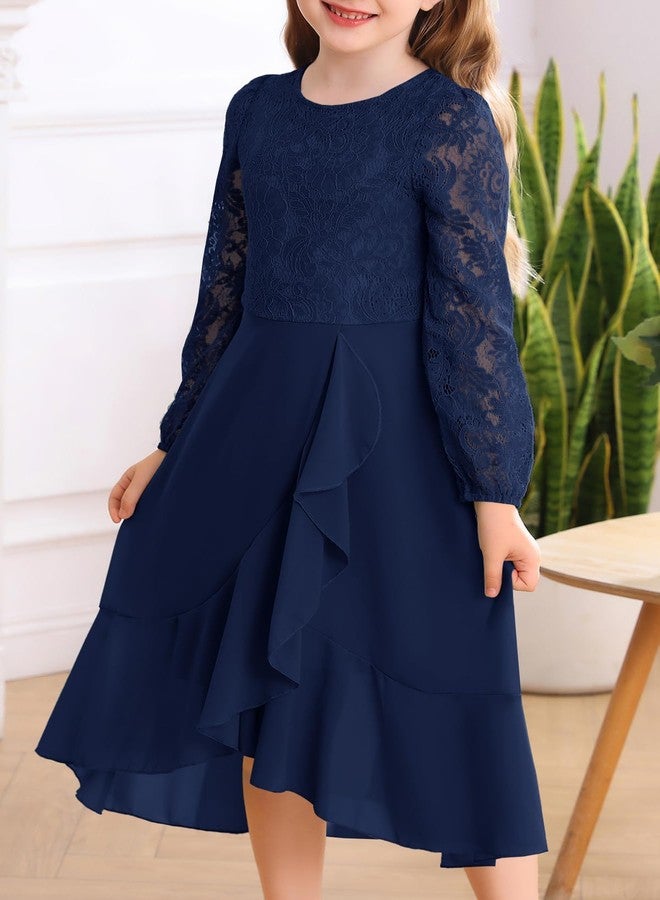 HOSIKA Flower Girls Dress Long Sleeve Floral Lace Chiffon A Line Formal Fall Wedding Party Dresses for 6-12 Years, Navy Blue, 12 Years - Image 3