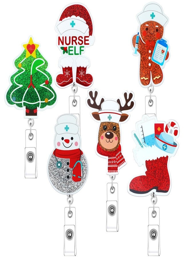 Otuuz 6 Pcs Christmas Nurse Badge Reels Retractable Glitter Elk Snowman Christmas Tree Badge Holder Bling Cute Holiday Reels for Nurse Doctor Medical Field - Image 1