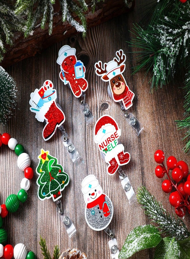 Otuuz 6 Pcs Christmas Nurse Badge Reels Retractable Glitter Elk Snowman Christmas Tree Badge Holder Bling Cute Holiday Reels for Nurse Doctor Medical Field - Image 4